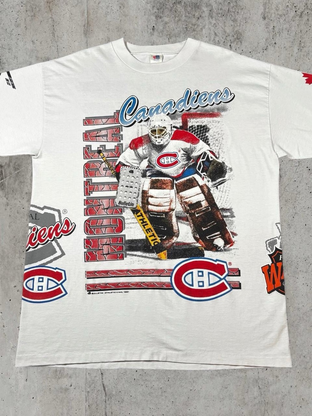 Vintage 1991 Montreal Canadiens Bulletin Athletic Goalie AOP T-Shirt Made Canada